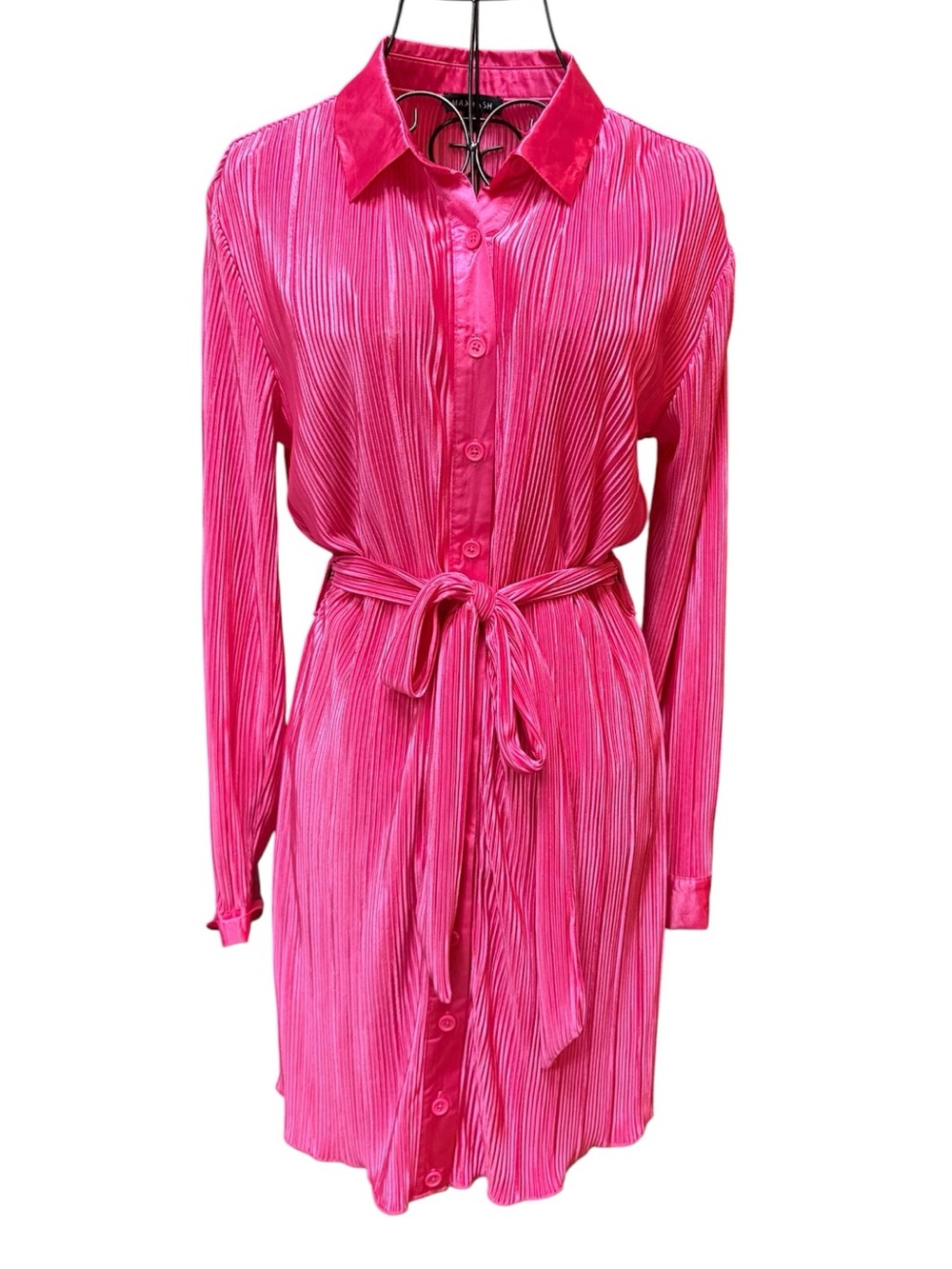 NWT MAX+ASH Vibrant Hot Pink Pleated Tie Shirt Dress size Medium